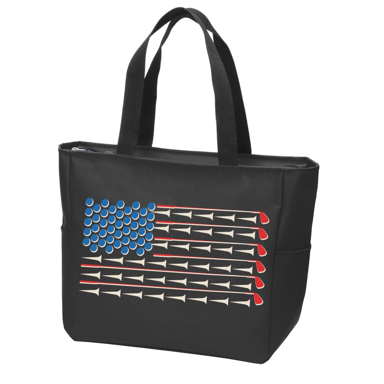 Golf Balls Tees Clubs USA American Flag Zip Tote Bag
