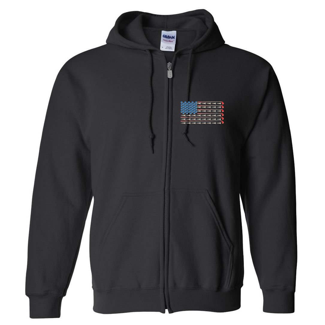 Golf Balls Tees Clubs USA American Flag Full Zip Hoodie