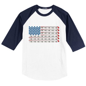 Golf Balls Tees Clubs USA American Flag Baseball Sleeve Shirt