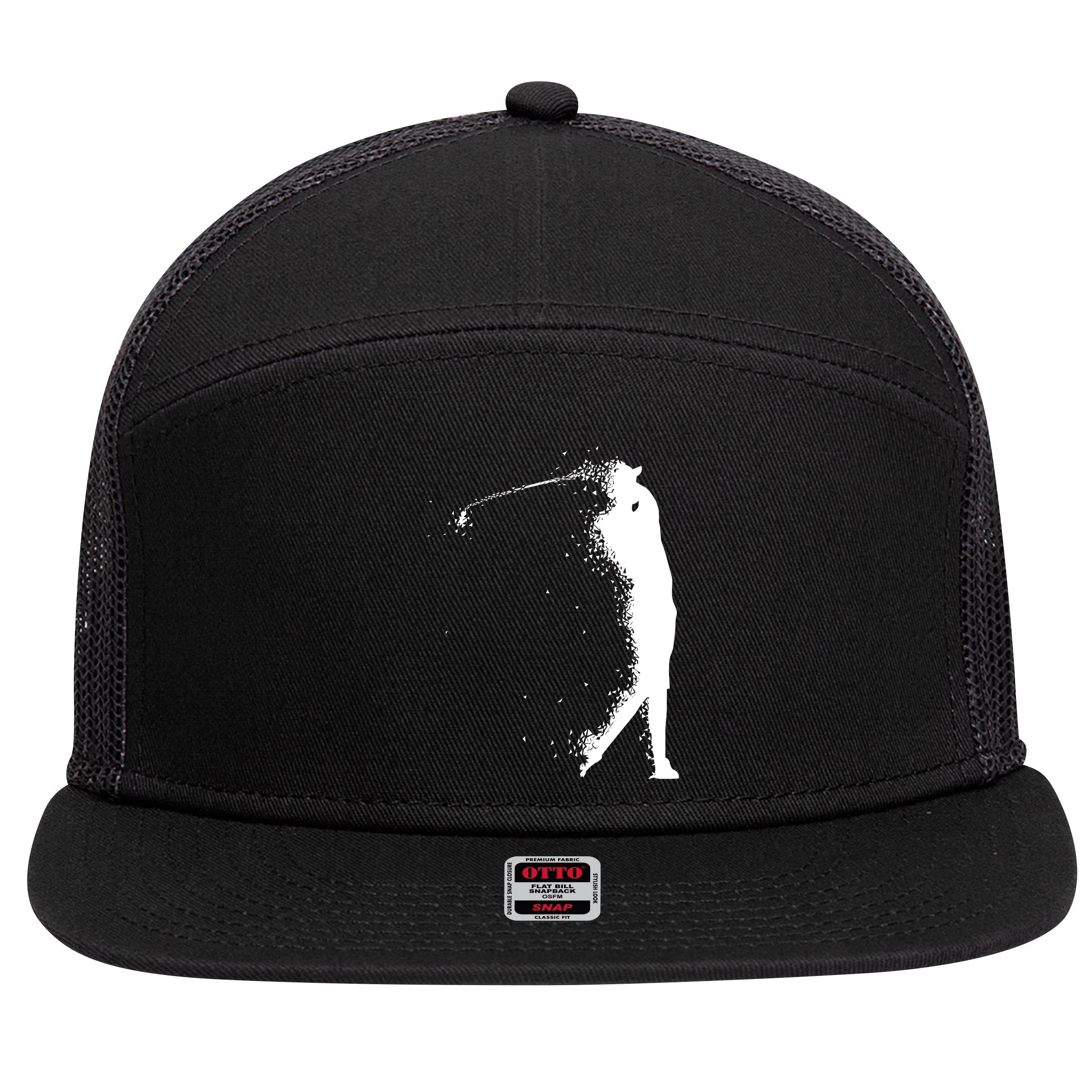 Golf Swing Splatter Golfer Logo 7 Panel Mesh Trucker Snapback Hat