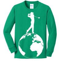 Golfer on top of the World Golf Logo Kids Long Sleeve Shirt