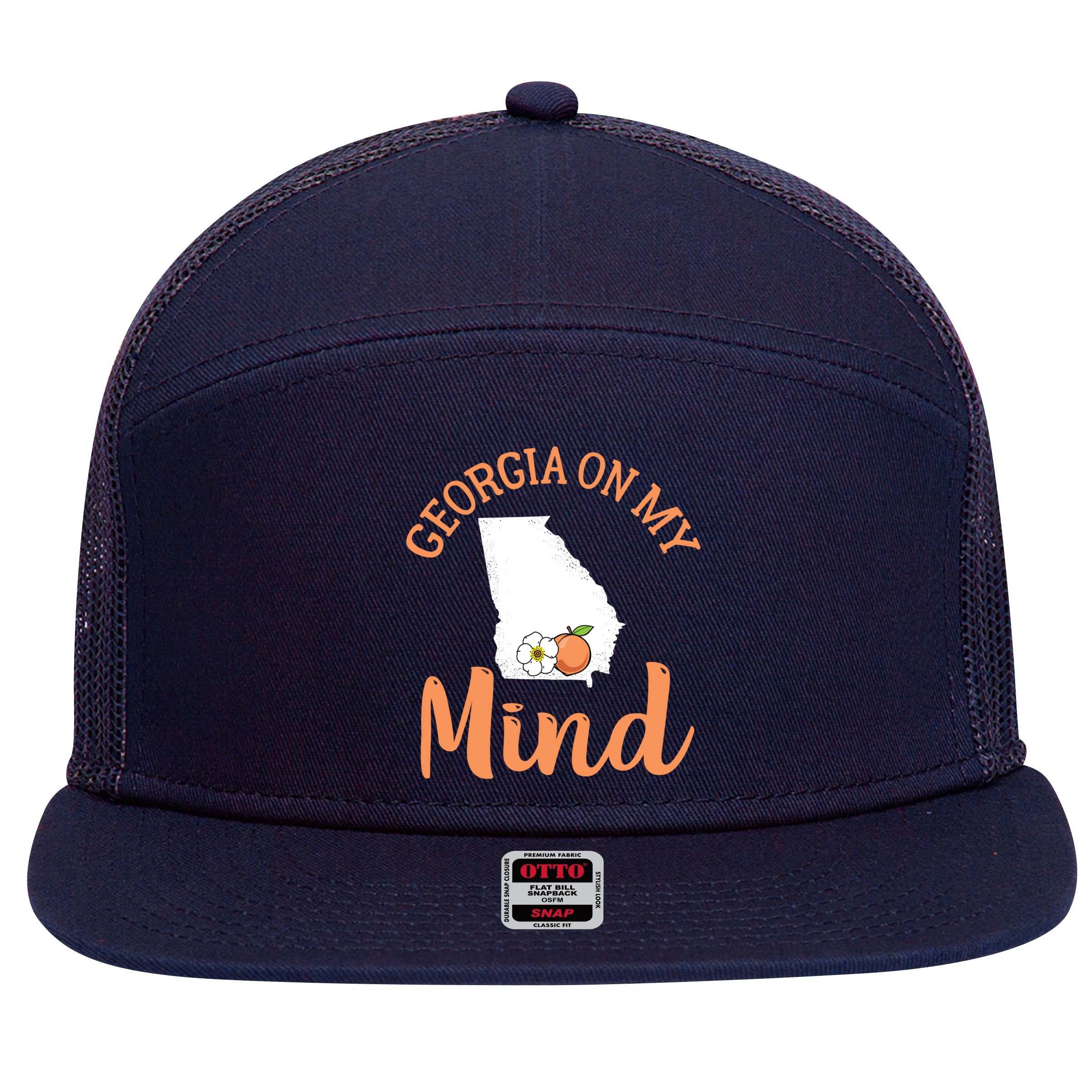 Georgia On My Mind GA Atlanta Peach Funny Southern State 7 Panel Mesh Trucker Snapback Hat