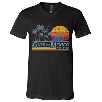 Gulf Of Mexico Retro Sunset Vintage Beach Vacation V-Neck T-Shirt