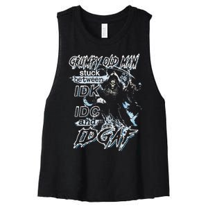 Grumpy Old Man Stuck Between Idk Idc And Idgaf Women's Racerback Cropped Tank