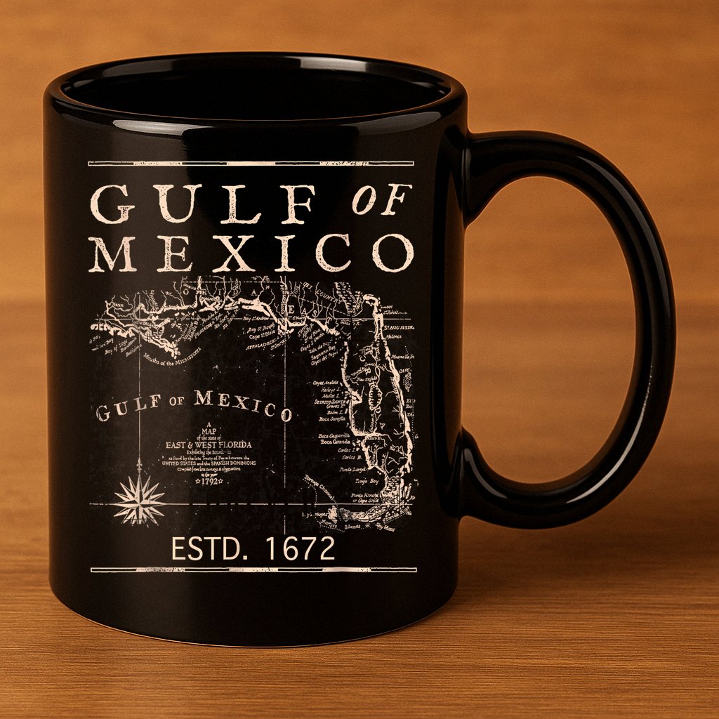 Gulf Of Mexico Since 1672 Historic Map Retro Gulf Beach 11oz C Handle Ceramic Mug