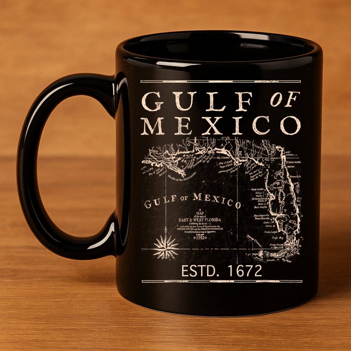 Gulf Of Mexico Since 1672 Historic Map Retro Gulf Beach 11oz C Handle Ceramic Mug