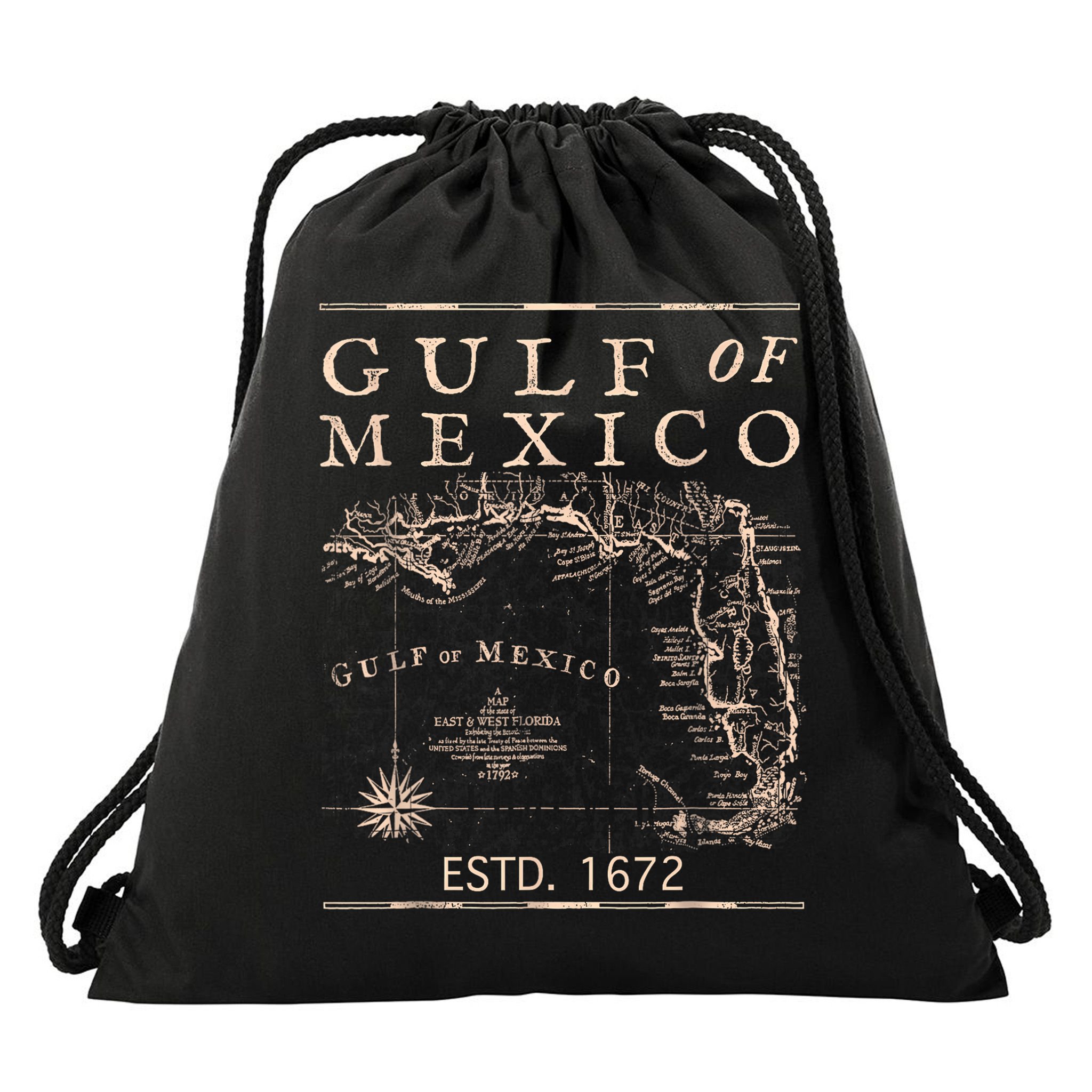 Gulf Of Mexico Since 1672 Historic Map Retro Gulf Beach Drawstring Bag