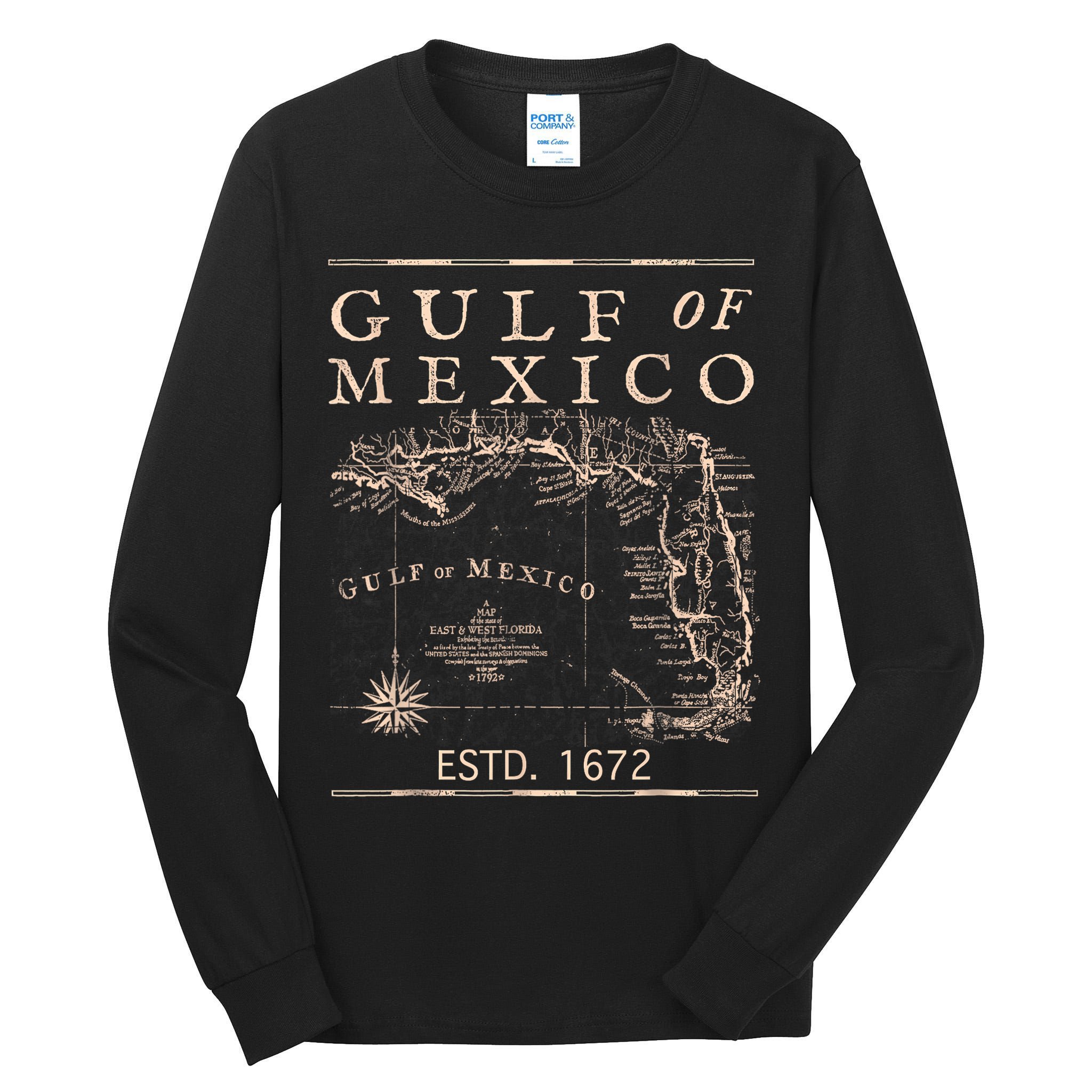 Gulf Of Mexico Since 1672 Historic Map Retro Gulf Beach Tall Long Sleeve T-Shirt