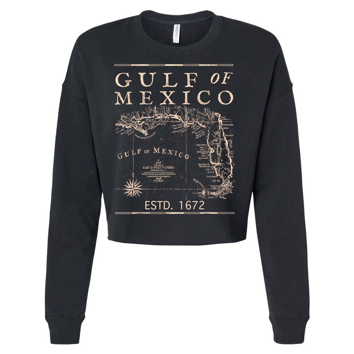 Gulf Of Mexico Since 1672 Historic Map Retro Gulf Beach Cropped Pullover Crew