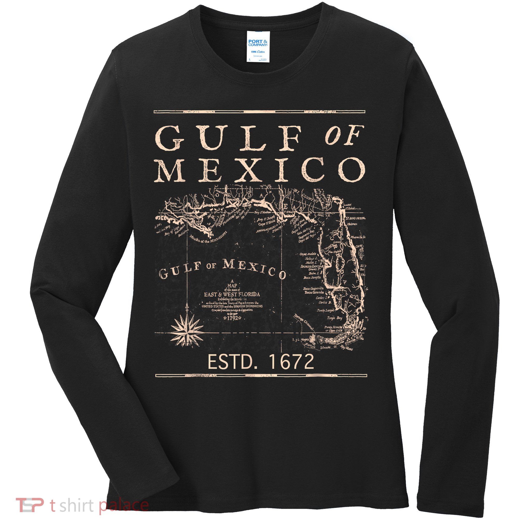 Gulf Of Mexico Since 1672 Historic Map Retro Gulf Beach Ladies Long Sleeve Shirt