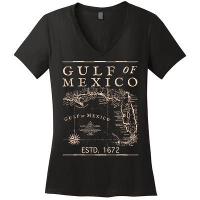 Gulf Of Mexico Since 1672 Historic Map Retro Gulf Beach Women's V-Neck T-Shirt