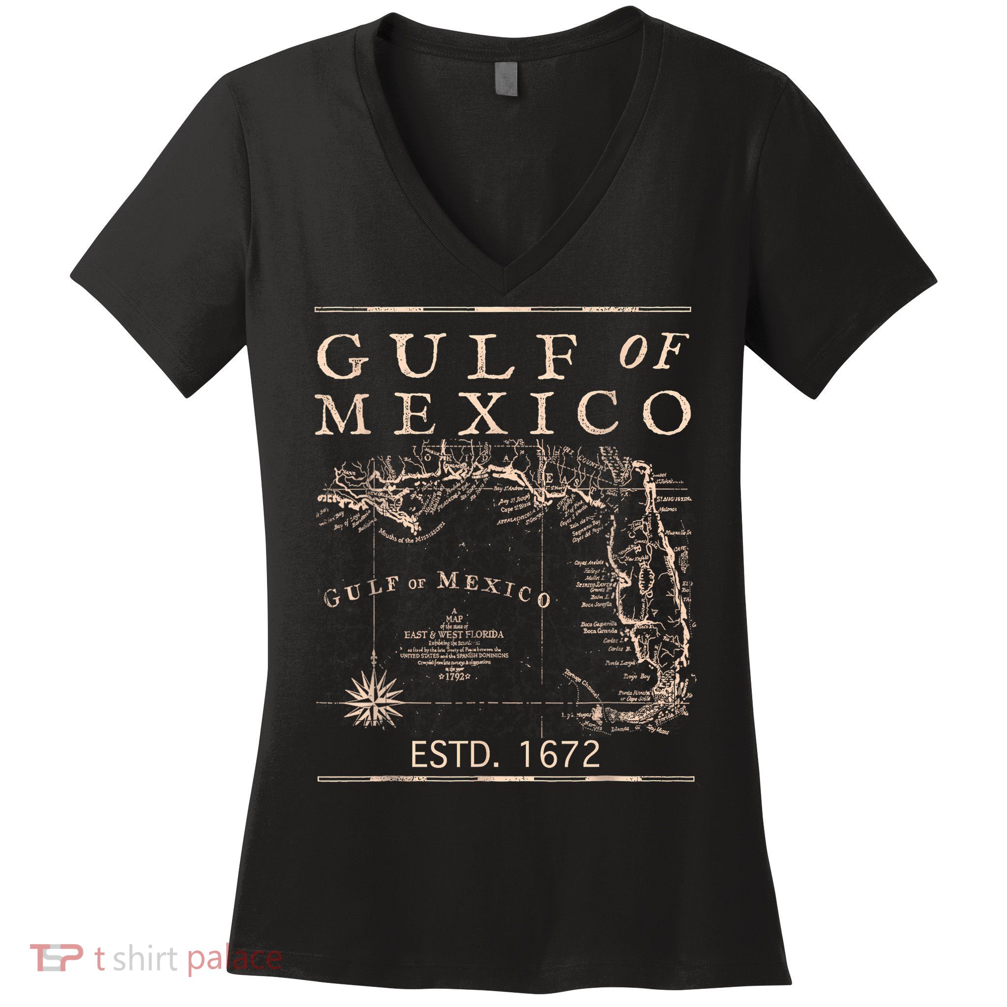 Gulf Of Mexico Since 1672 Historic Map Retro Gulf Beach Women's V-Neck T-Shirt