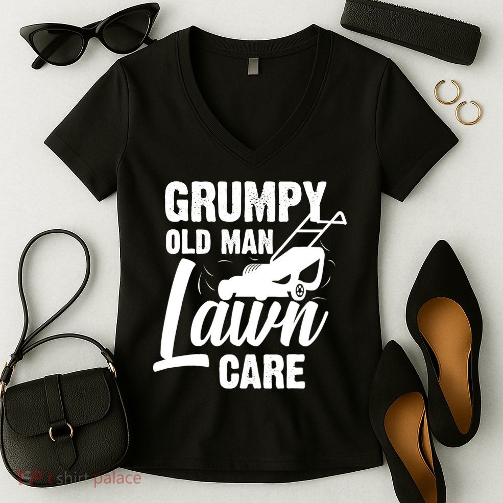 Grumpy Old Man Lawn Care Grass Cutting Lawn Mower Gift Women's V-Neck T-Shirt
