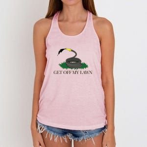 Get Off My Lawn Gadsden Parody Women's Knotted Racerback Tank