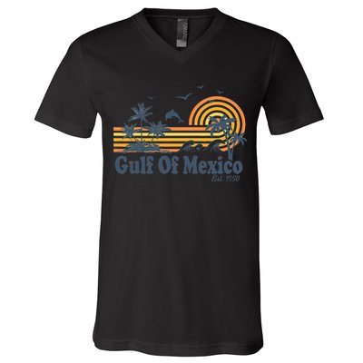 Gulf Of Mexico Est 1550 Retro Vintage Beach Palms Summer V-Neck T-Shirt