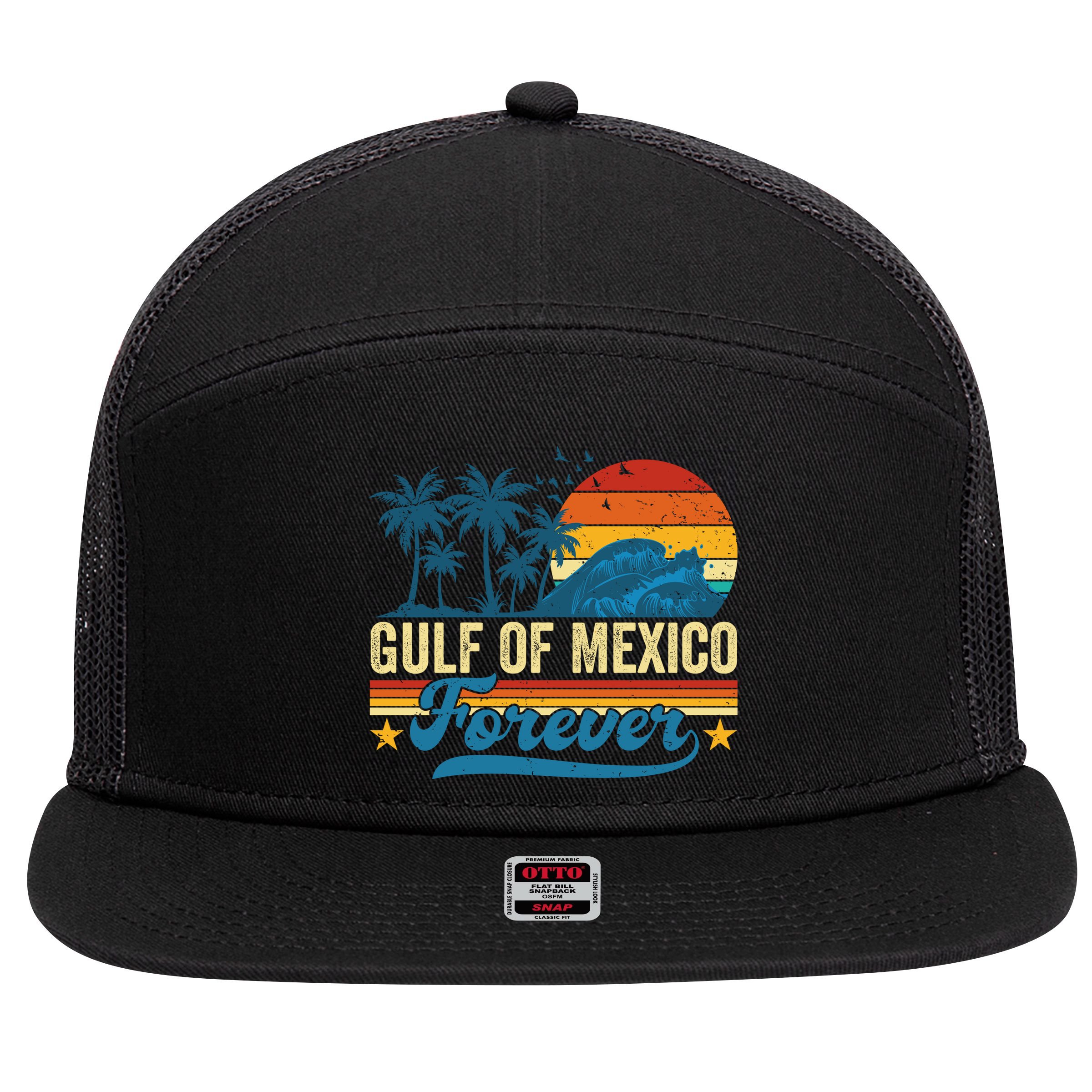 Gulf Of Mexico Forever Palms Beach Summer Holiday Vacation 7 Panel Mesh Trucker Snapback Hat