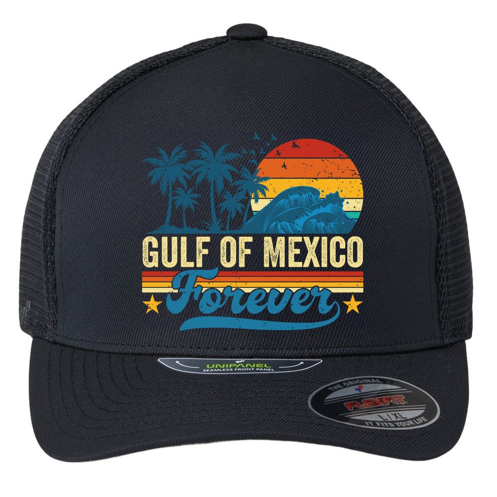 Gulf Of Mexico Forever Palms Beach Summer Holiday Vacation Flexfit Unipanel Trucker Cap