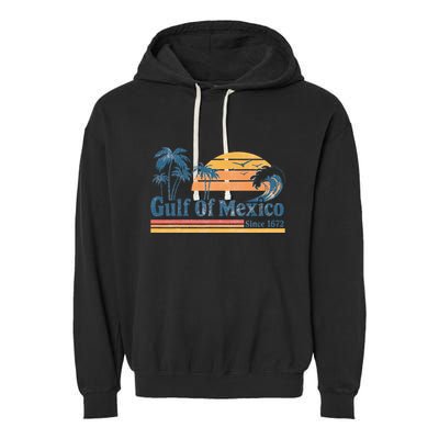 Gulf Of Mexico Beach Vibes Palm Trees Ocean Wave Retro Garment-Dyed Fleece Hoodie