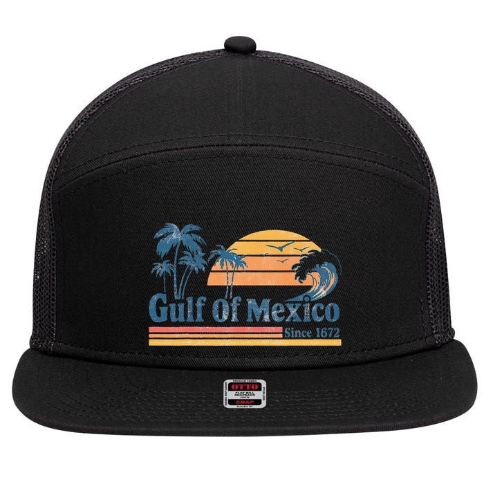 Gulf Of Mexico Beach Vibes Palm Trees Ocean Wave Retro 7 Panel Mesh Trucker Snapback Hat