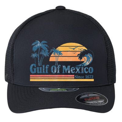 Gulf Of Mexico Beach Vibes Palm Trees Ocean Wave Retro Flexfit Unipanel Trucker Cap