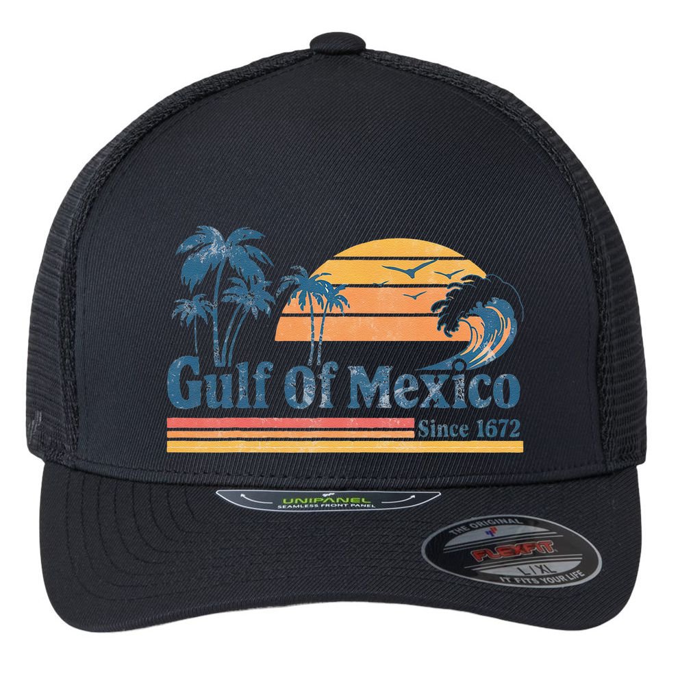 Gulf Of Mexico Beach Vibes Palm Trees Ocean Wave Retro Flexfit Unipanel Trucker Cap