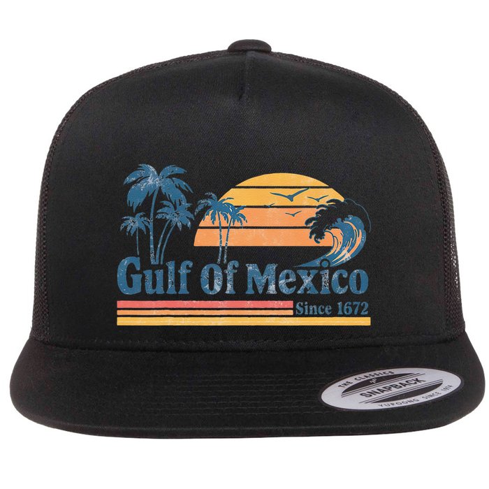 Gulf Of Mexico Beach Vibes Palm Trees Ocean Wave Retro Flat Bill Trucker Hat