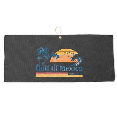 Gulf Of Mexico Beach Vibes Palm Trees Ocean Wave Retro Large Microfiber Waffle Golf Towel