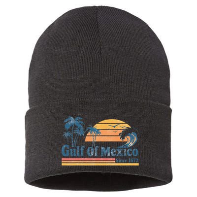 Gulf Of Mexico Beach Vibes Palm Trees Ocean Wave Retro Sustainable Knit Beanie