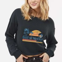 Gulf Of Mexico Beach Vibes Palm Trees Ocean Wave Retro Cropped Pullover Crew