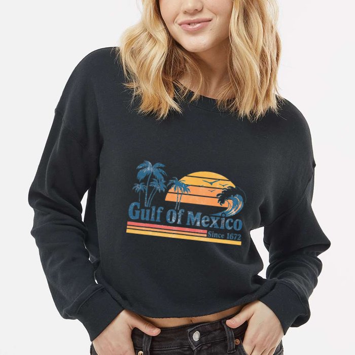 Gulf Of Mexico Beach Vibes Palm Trees Ocean Wave Retro Cropped Pullover Crew