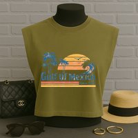 Gulf Of Mexico Beach Vibes Palm Trees Ocean Wave Retro Garment-Dyed Women's Muscle Tee