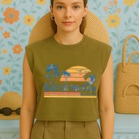 Gulf Of Mexico Beach Vibes Palm Trees Ocean Wave Retro Garment-Dyed Women's Muscle Tee