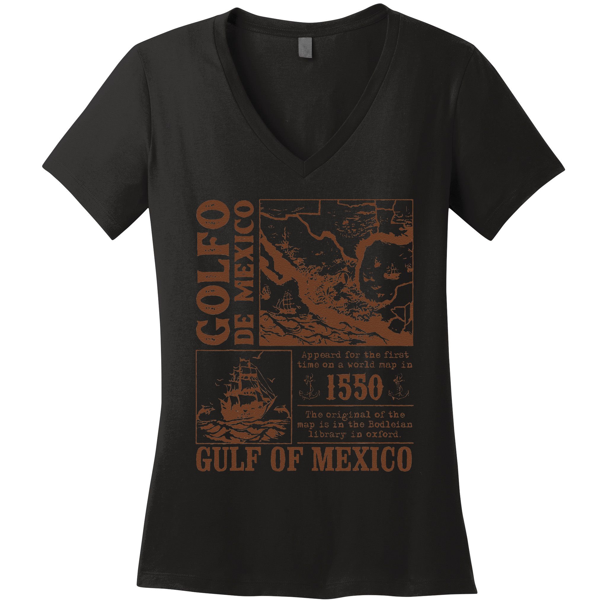 Gulf Of Mexico 1550 Historic Map El Golfo De Mexican .Png Women's V-Neck T-Shirt