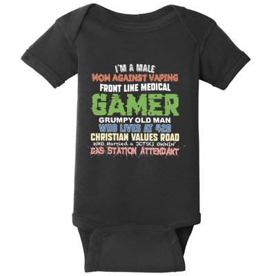Grumpy Old Man Gamer Mom Against Vaping Gamer Who Lives At 420 Christian Values Baby Bodysuit