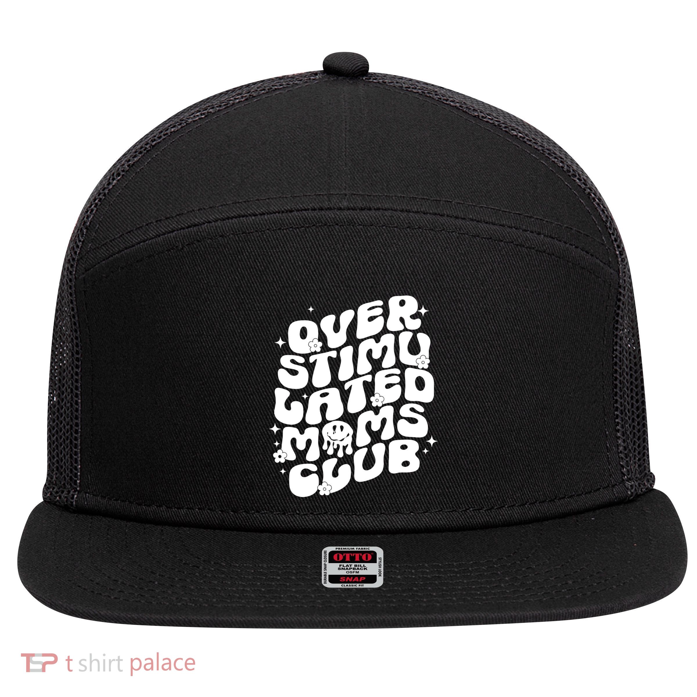 Groovy Overstimulated Moms Club Funny Trendy Mom 7 Panel Mesh Trucker Snapback Hat