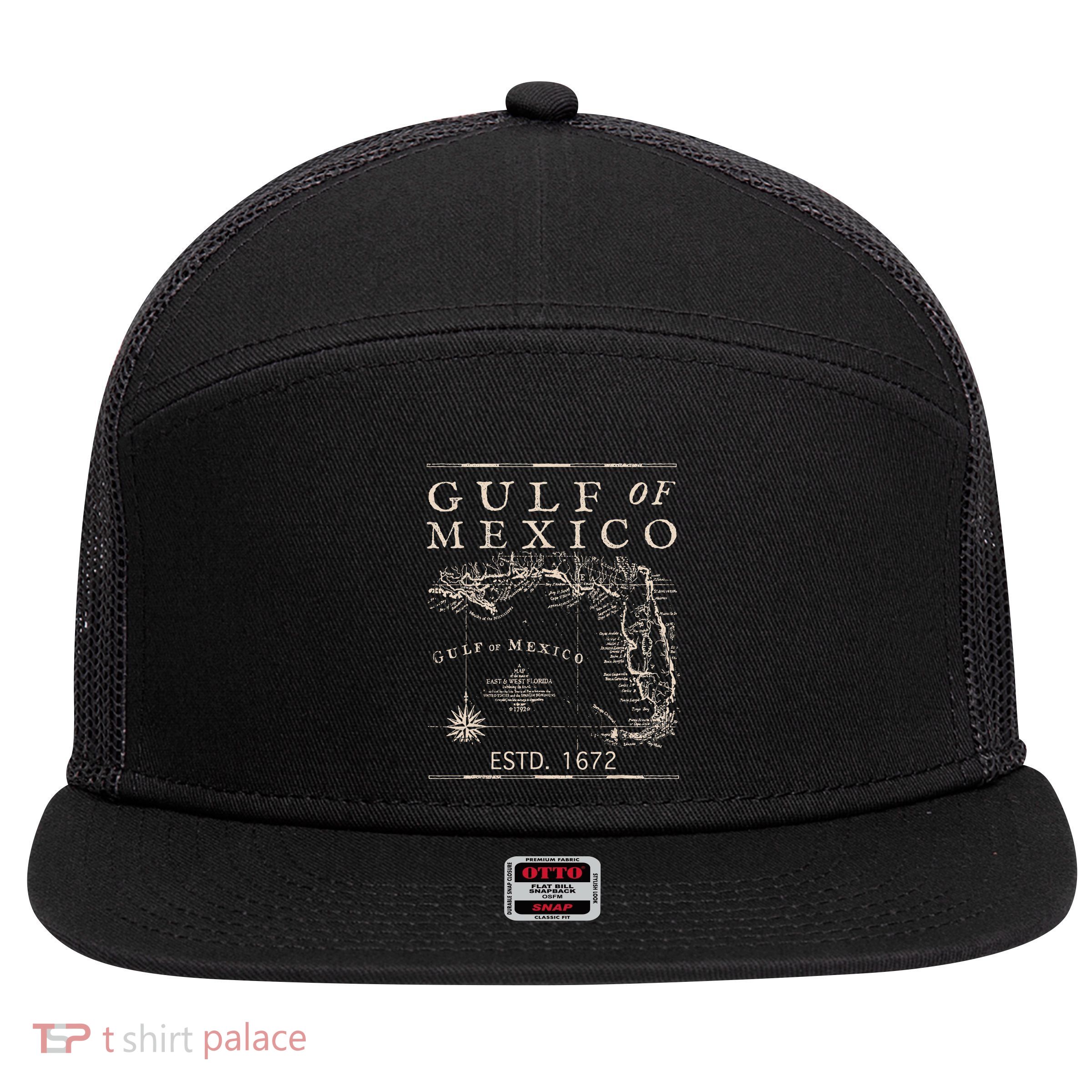 Gulf Of Mexico Since 1672 Historic Map Retro Gulf Beach 7 Panel Mesh Trucker Snapback Hat