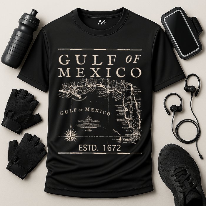 Gulf Of Mexico Since 1672 Historic Map Retro Gulf Beach Cooling Performance Crew T-Shirt