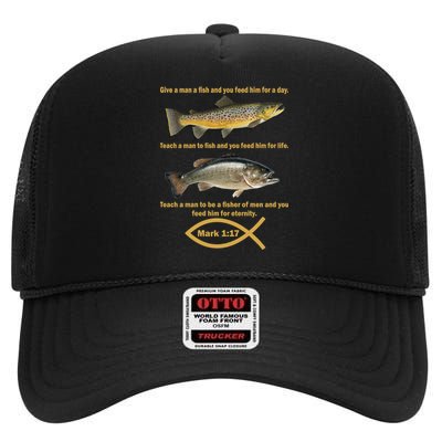 Gone Fishing Christian Quote Mark 1:17 High Crown Mesh Back Trucker Hat