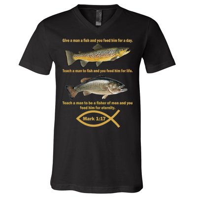 Gone Fishing Christian Quote Mark 1:17 V-Neck T-Shirt