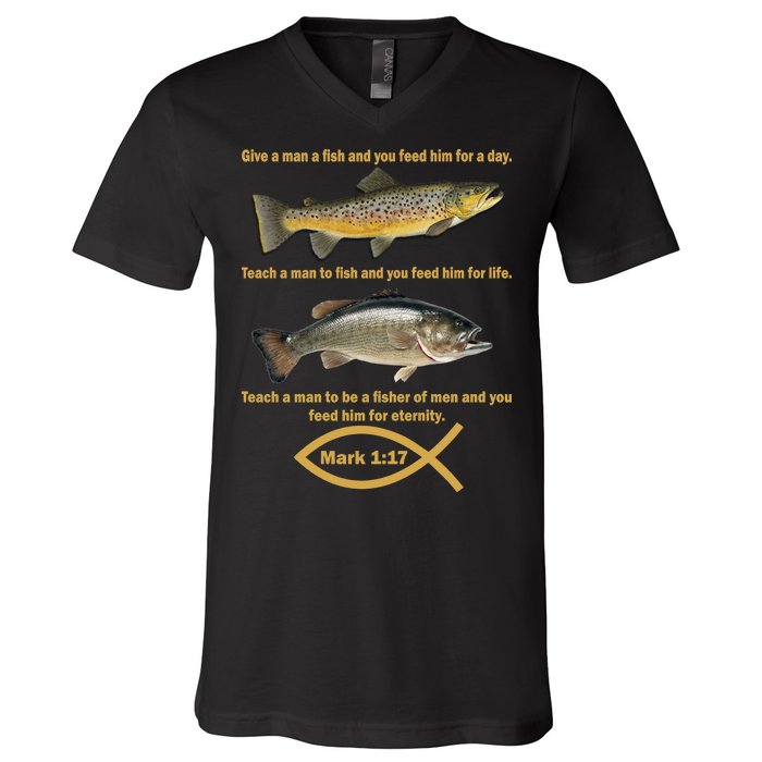 Gone Fishing Christian Quote Mark 1:17 V-Neck T-Shirt