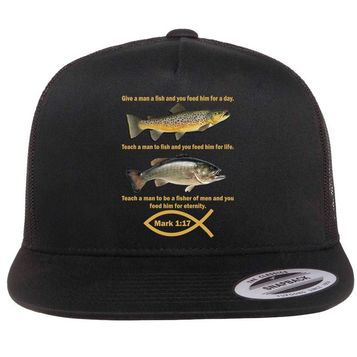 Gone Fishing Christian Quote Mark 1:17 Flat Bill Trucker Hat