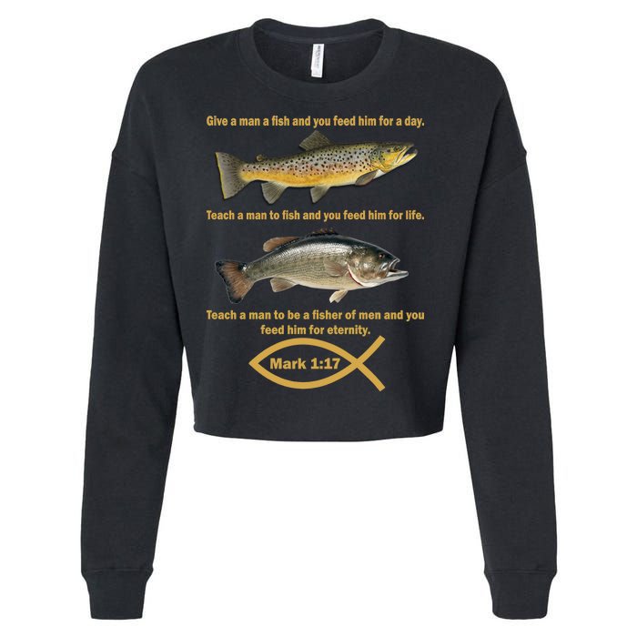 Gone Fishing Christian Quote Mark 1:17 Cropped Pullover Crew