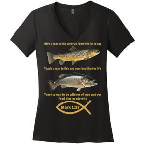 Gone Fishing Christian Quote Mark 1:17 Women's V-Neck T-Shirt