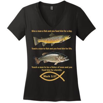 Gone Fishing Christian Quote Mark 1:17 Women's V-Neck T-Shirt