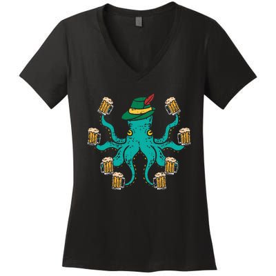 German Octopus Oktoberfest Funny Bavarian Festival Women's V-Neck T-Shirt