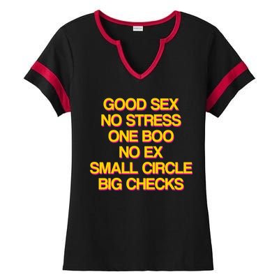 Good Sex No Stress Big Checks Ladies Halftime Notch Neck Tee