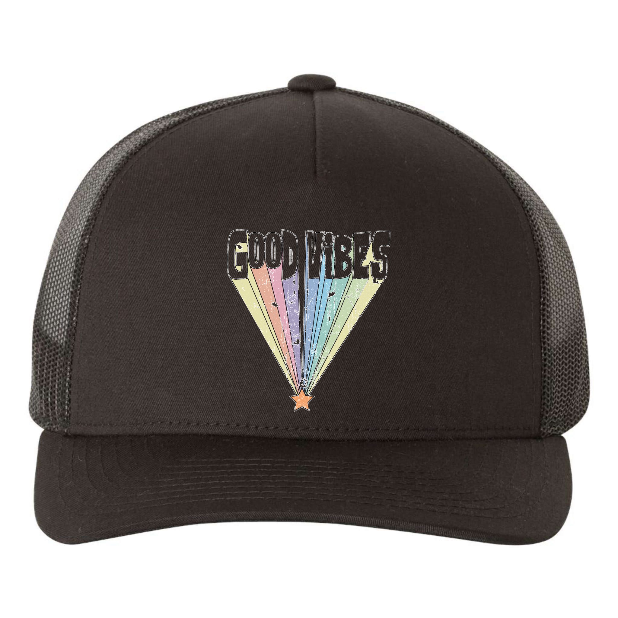 Good Vibes Retro Rainbow Yupoong Adult 5-Panel Trucker Hat