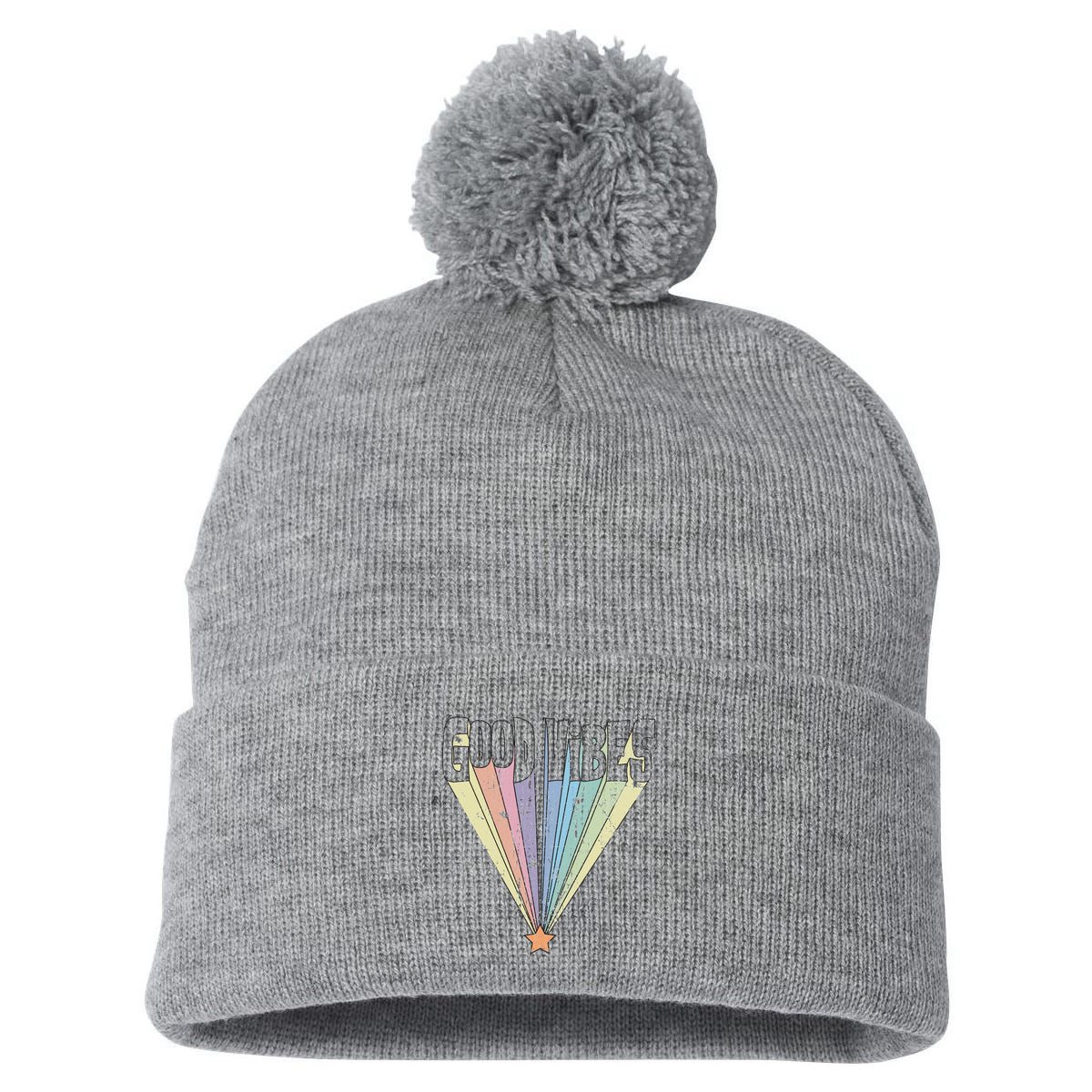 Good Vibes Retro Rainbow Pom Pom 12in Knit Beanie