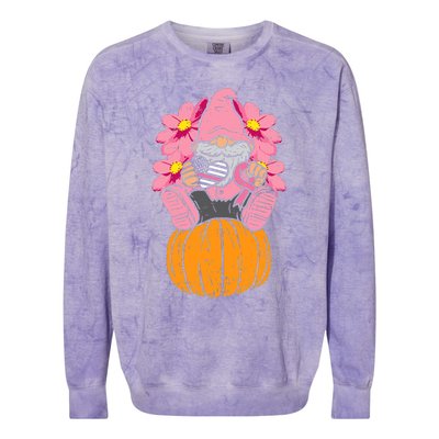 Gnome On Pumpkin Pink Ribbon Breast Cancer Halloween Gift Colorblast Crewneck Sweatshirt