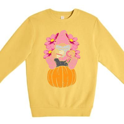 Gnome On Pumpkin Pink Ribbon Breast Cancer Halloween Gift Premium Crewneck Sweatshirt